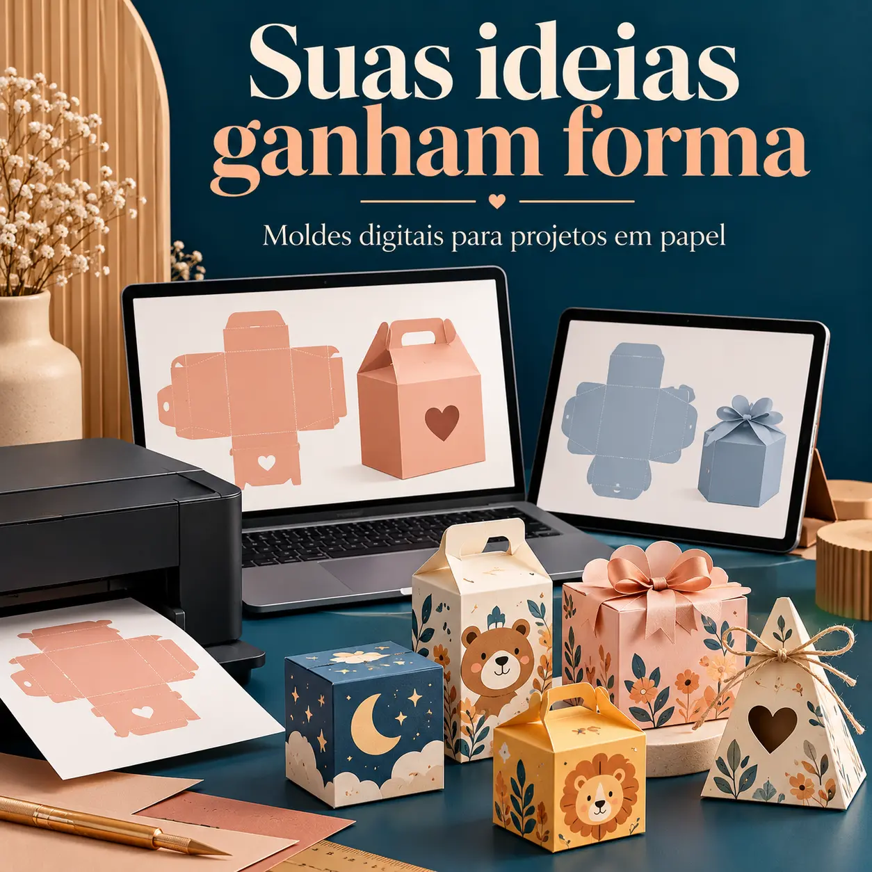 Moldes digitais na tela do notebook e do tablet, impressão do molde e caixas já montadas e personalizadas sobre a mesa