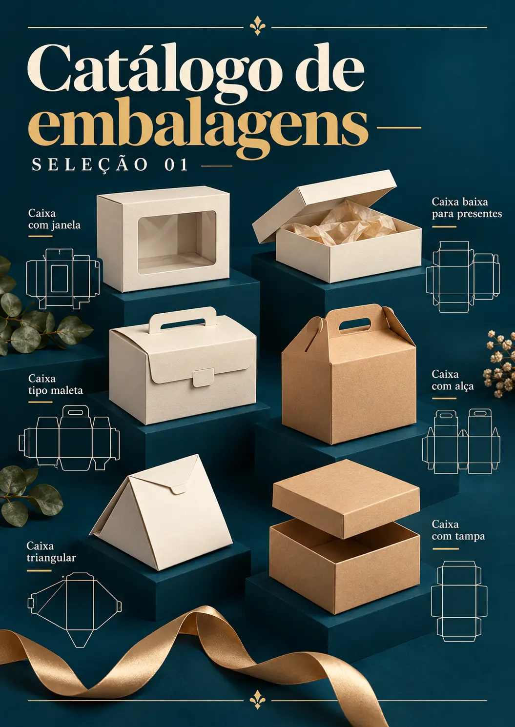 Catálogo de embalagens, seleção 01: caixa com janela, caixa baixa para presentes, maleta, caixa com alça, triangular e com tampa