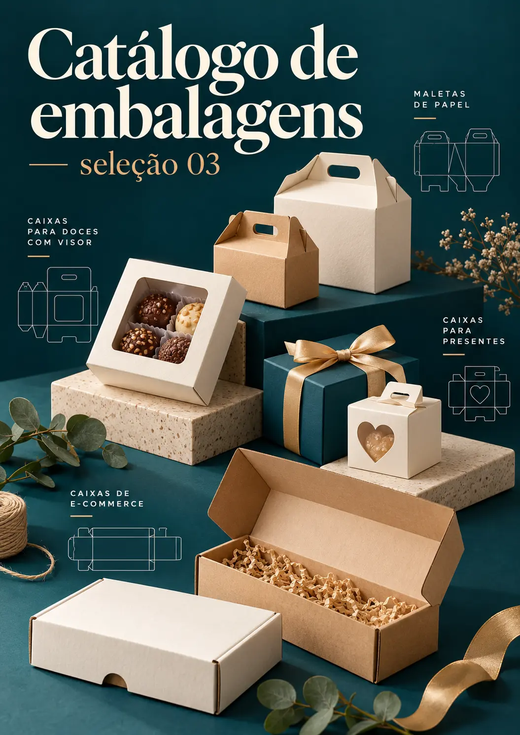 Catálogo de embalagens, seleção 03: maletas de papel, caixas para doces com visor, caixas para presentes e de e-commerce