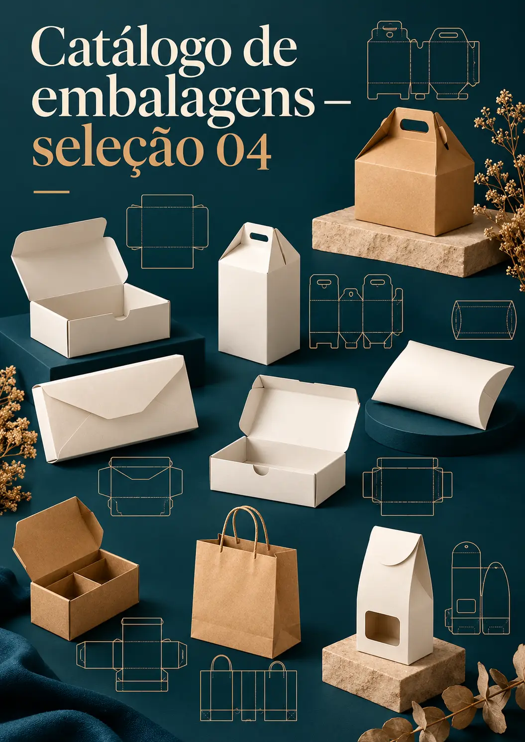 Catálogo de embalagens, seleção 04: caixas com tampa, envelope, pillow box, sacola e embalagem com janela