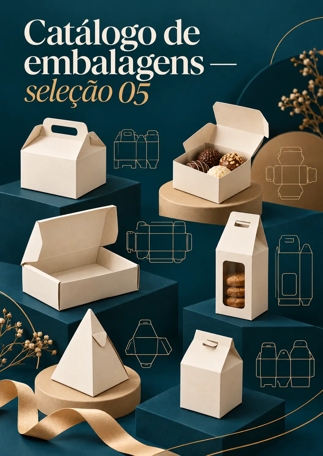 Catálogo de embalagens, seleção 05: maleta, caixa de doces, caixa com janela para biscoitos e embalagem piramidal