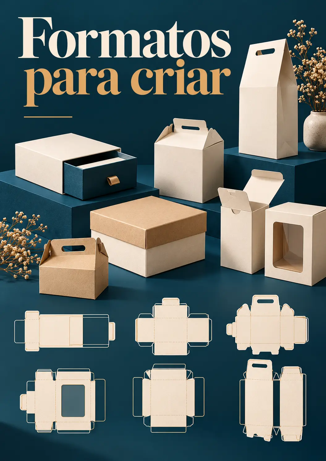 Formatos de caixas com os moldes planificados logo abaixo