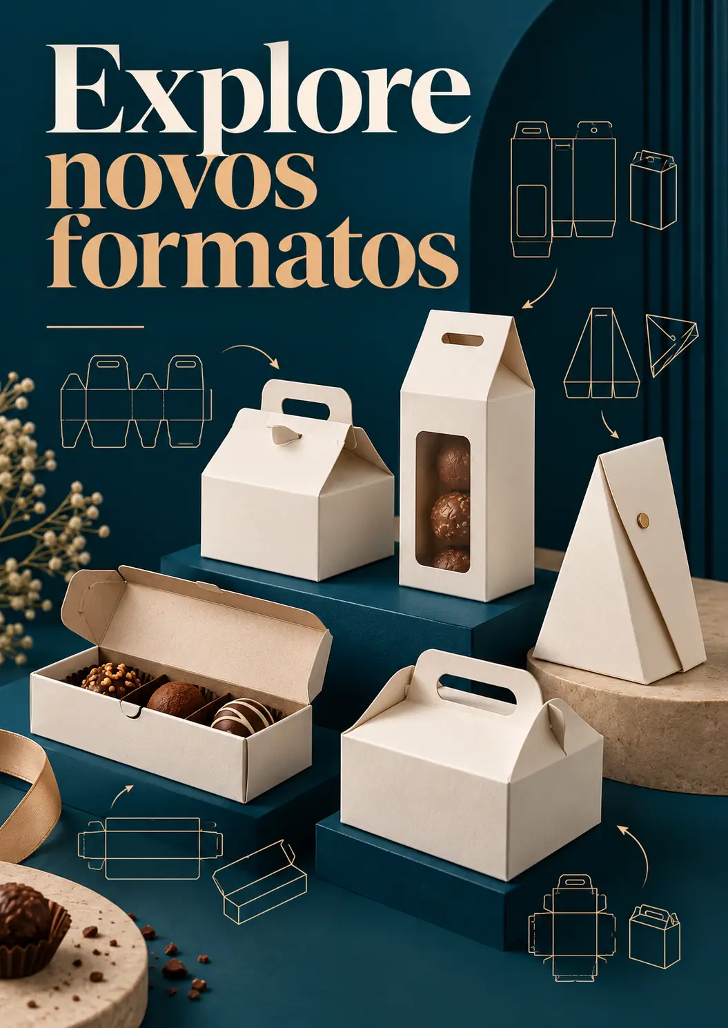 Mais formatos: maletas, caixa com janela, embalagem triangular e caixa para bombons