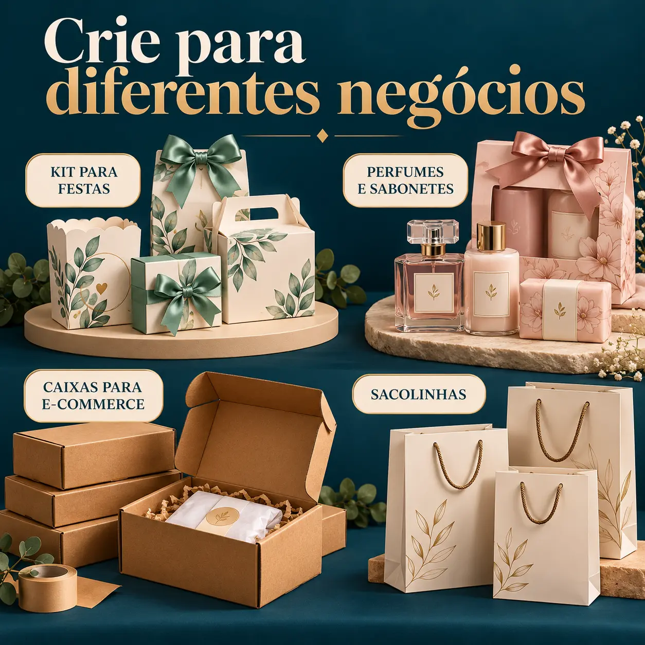 Kits para festas, perfumes e sabonetes, caixas para e-commerce e sacolinhas personalizadas