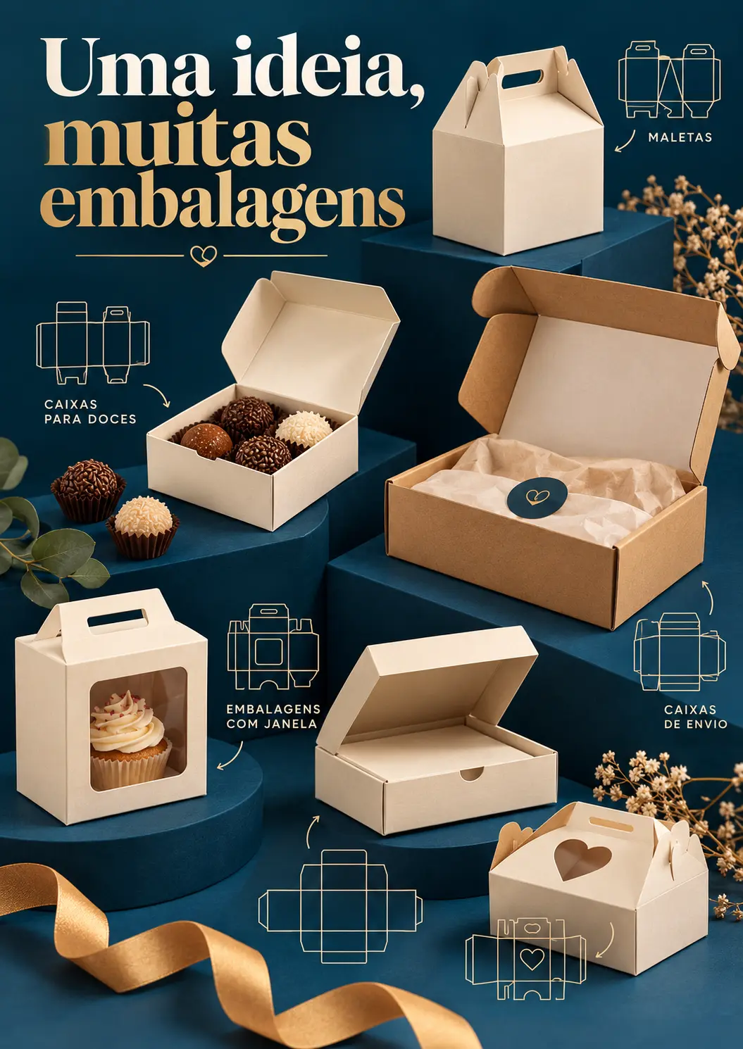Uma ideia, muitas embalagens: maletas, caixas para doces, caixas de envio e embalagens com janela